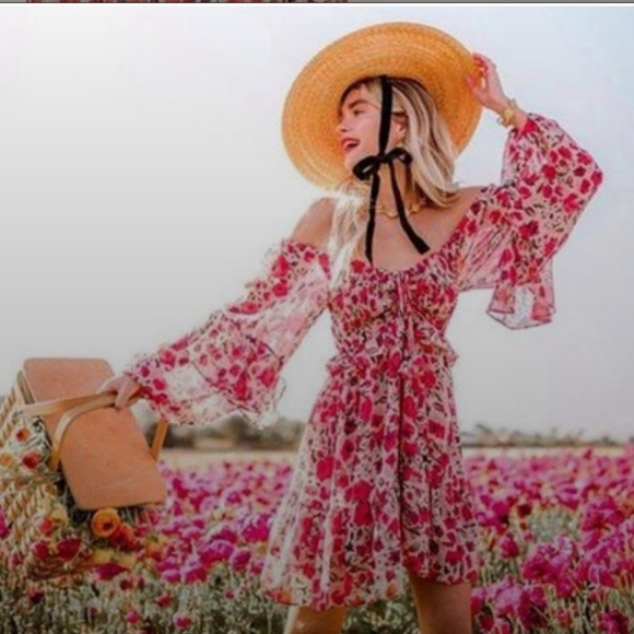 MISA Los Angeles Asra Red Floral Puff Sleeve Dress | US Size Medium - Picture 14 of 14